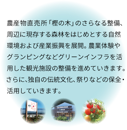 農産物直売所「樫の木」のさらなる整備、周辺に現存する森林をはじめとする自然環境および産業振興を展開。農業体験やグランピングなどグリーンインフラを活用した観光施設の整備を進めていきます。さらに、独自の伝統文化、祭りなどの保全・活用していきます。