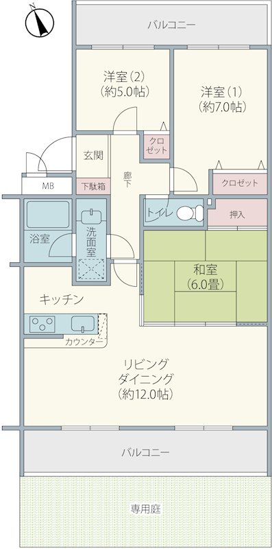サンパーク成田弐番館　1階　専用庭付き 間取図・土地図