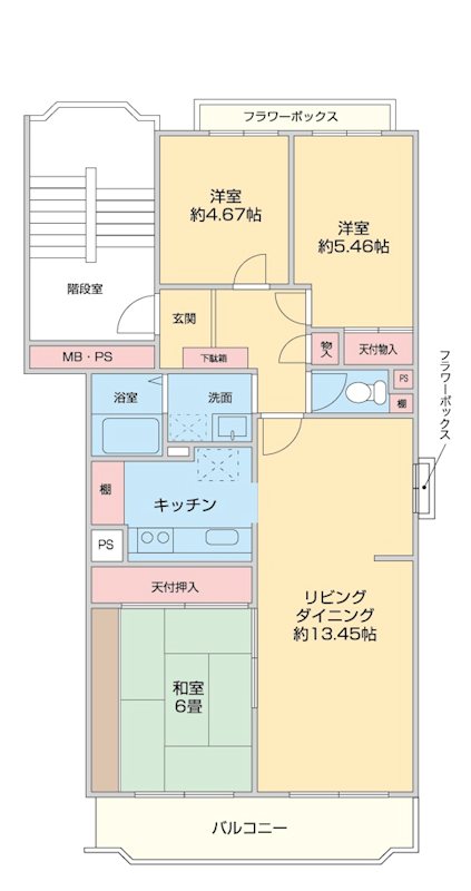 ユーカリ五番町ハイツ7号棟　前面棟なし 間取図・土地図
